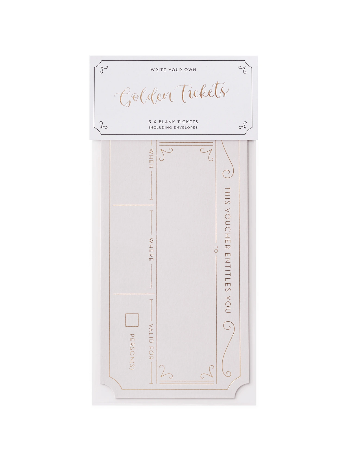 A cut out image of  a pack of three blank plume grey golden tickets. The top label reads 'Golden Tickets' in metallic gold foil and the envelopes inside are grey
