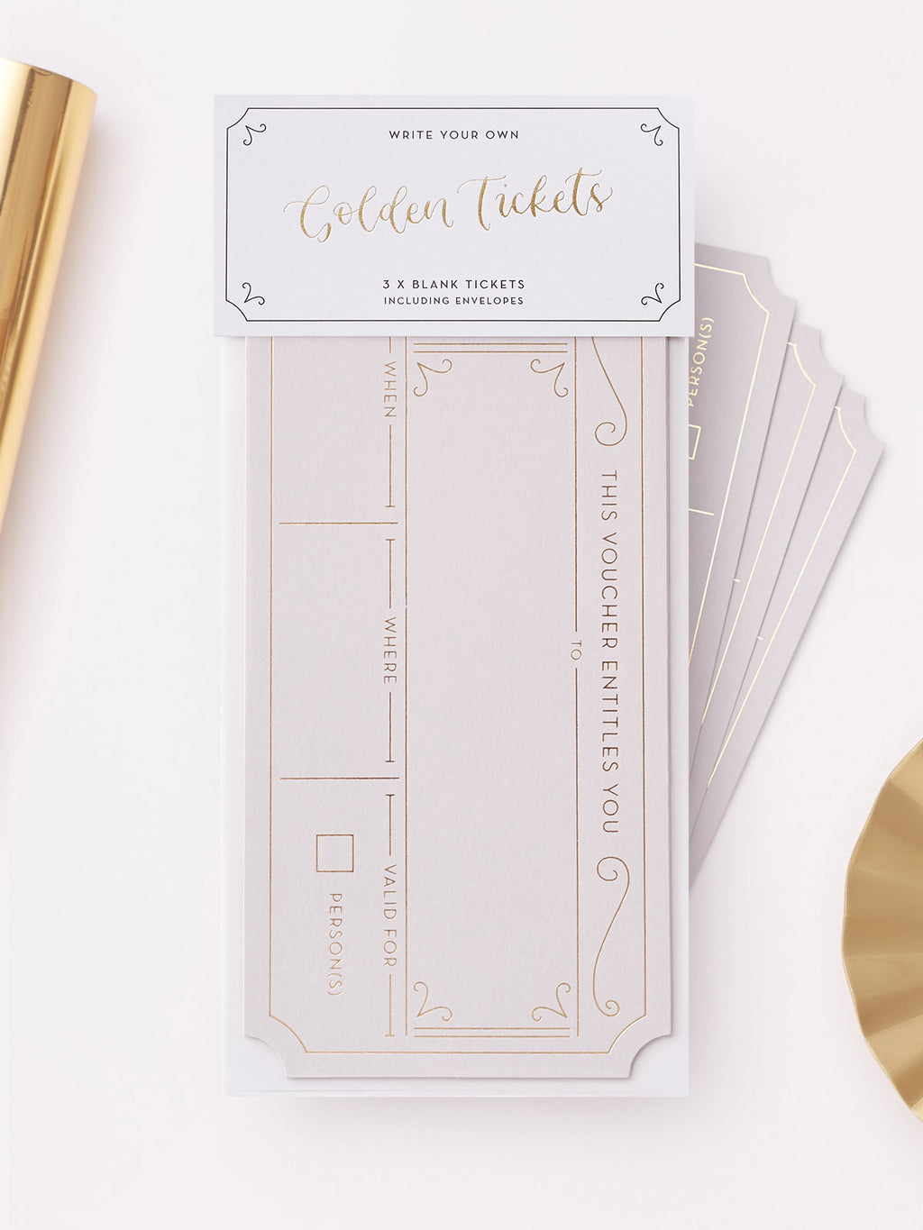 A set of 3 Plume Grey hot foiled golden tickets. With matching grey envelopes, displayed on a clean white background with decorative gold paper props.