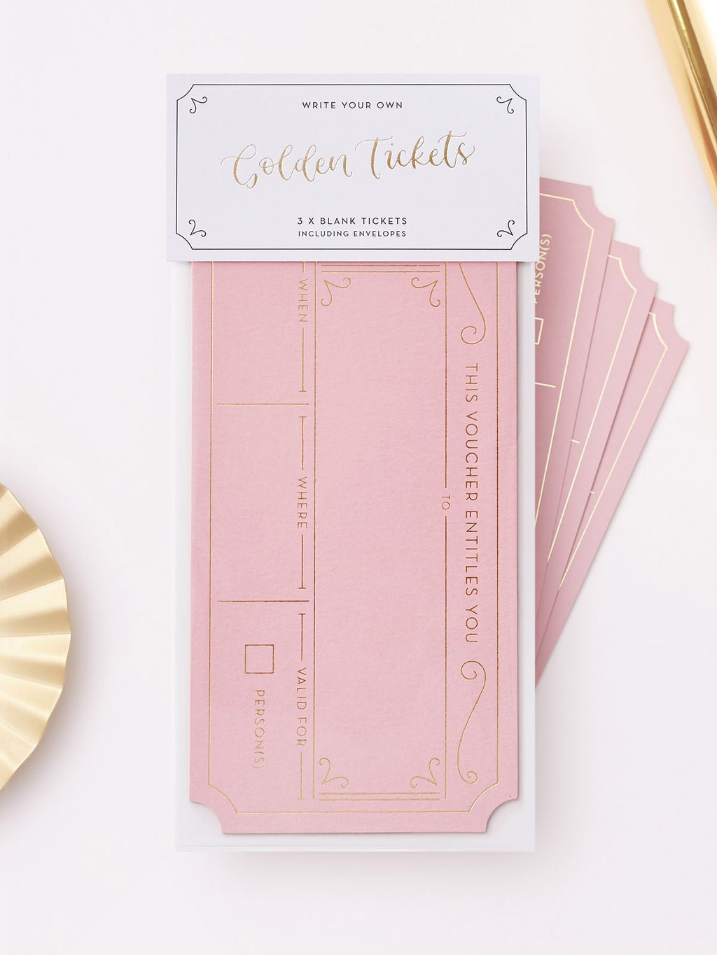 A cut out image of a pack of three blank Dusty Pink golden tickets. The top label reads 'Golden Tickets' in metallic gold foil and the envelopes inside are grey