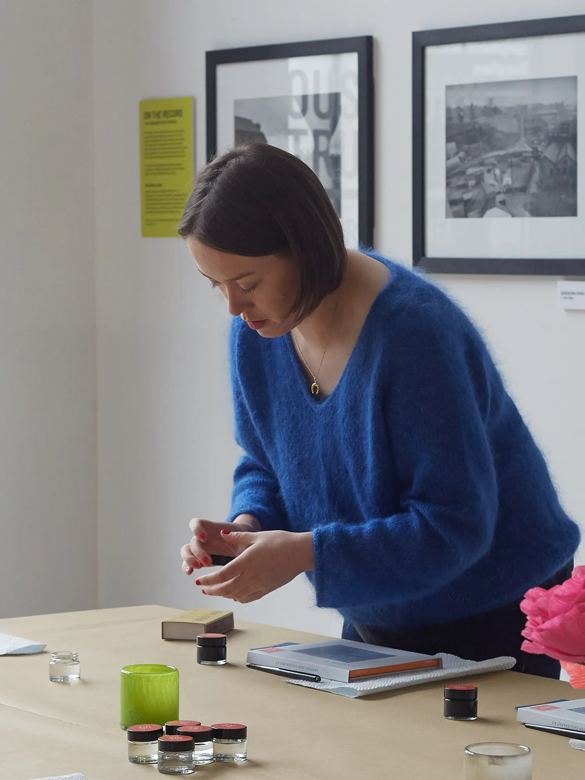 Charlotte setting up a beginners modern calligraphy in a bright space in newcastle, north east england