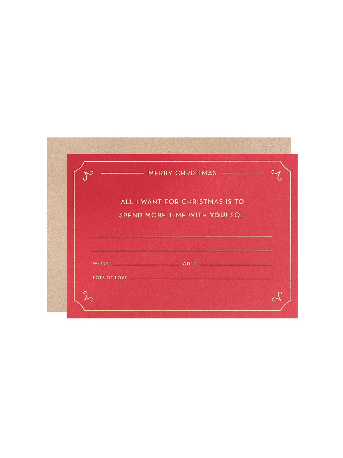 A red Christmas Gift Of Time Card with gold Hot foil pressed text, a brown kraft envelope on a white background