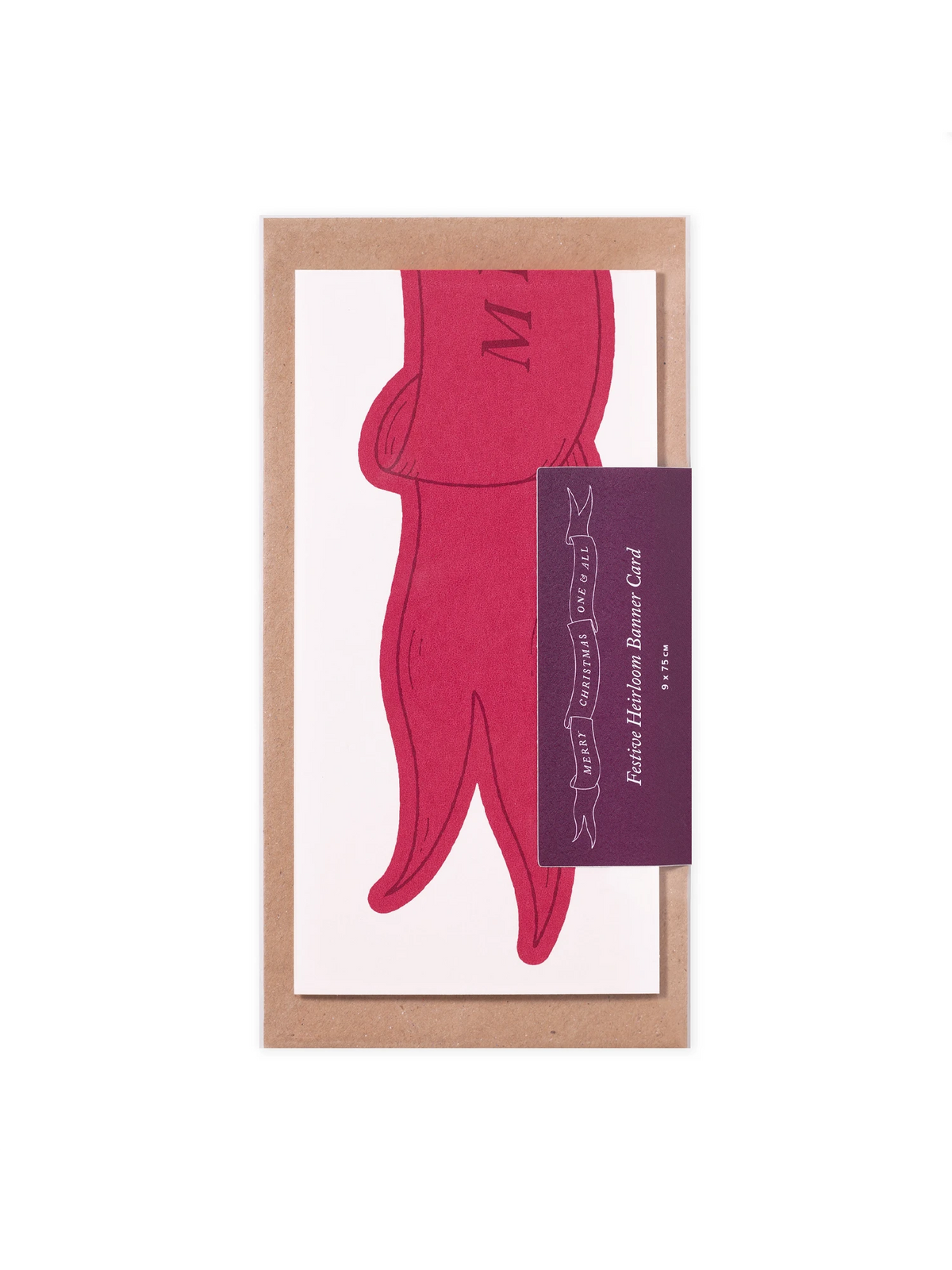 A bio cello bag with sticker, packaging a giant red concertina christmas card banner and kraft envelope