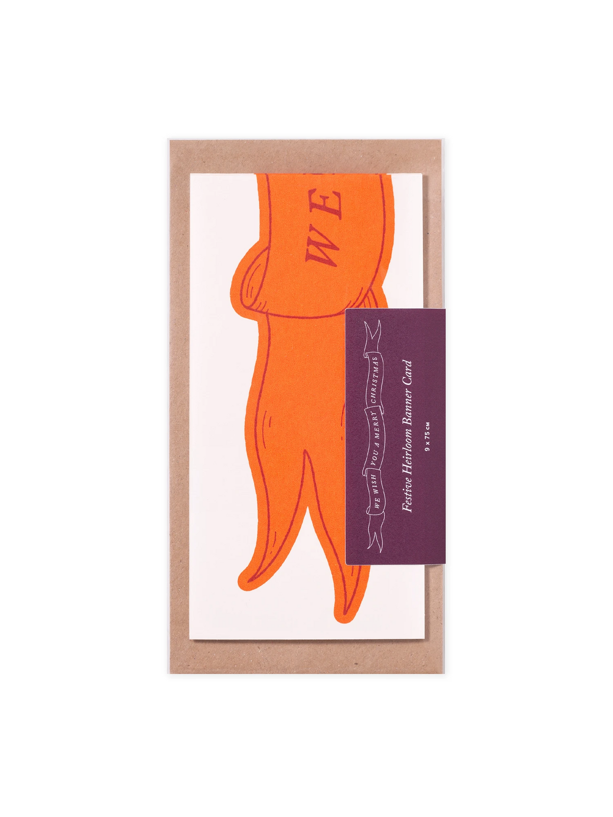 A bio cello bag with sticker, packaging a giant orange concertina christmas card banner and kraft envelope
