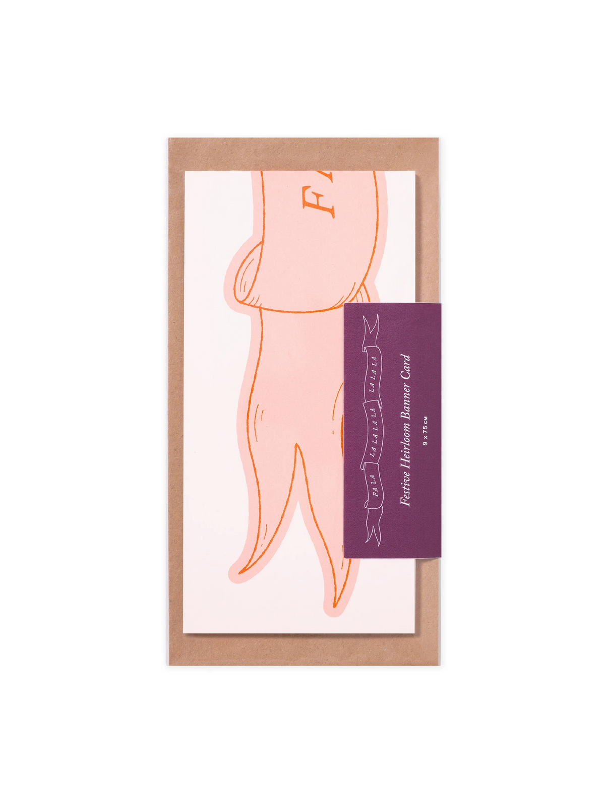A bio cello bag with sticker, packaging a giant pink concertina christmas card banner and kraft envelope