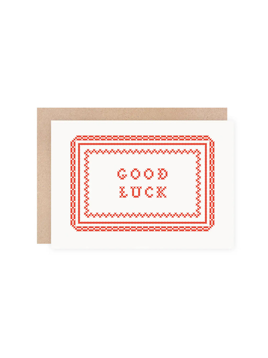 Red screen printed greeting card with 'Good Luck’ on a cross stitch embroidered design, on a white background
