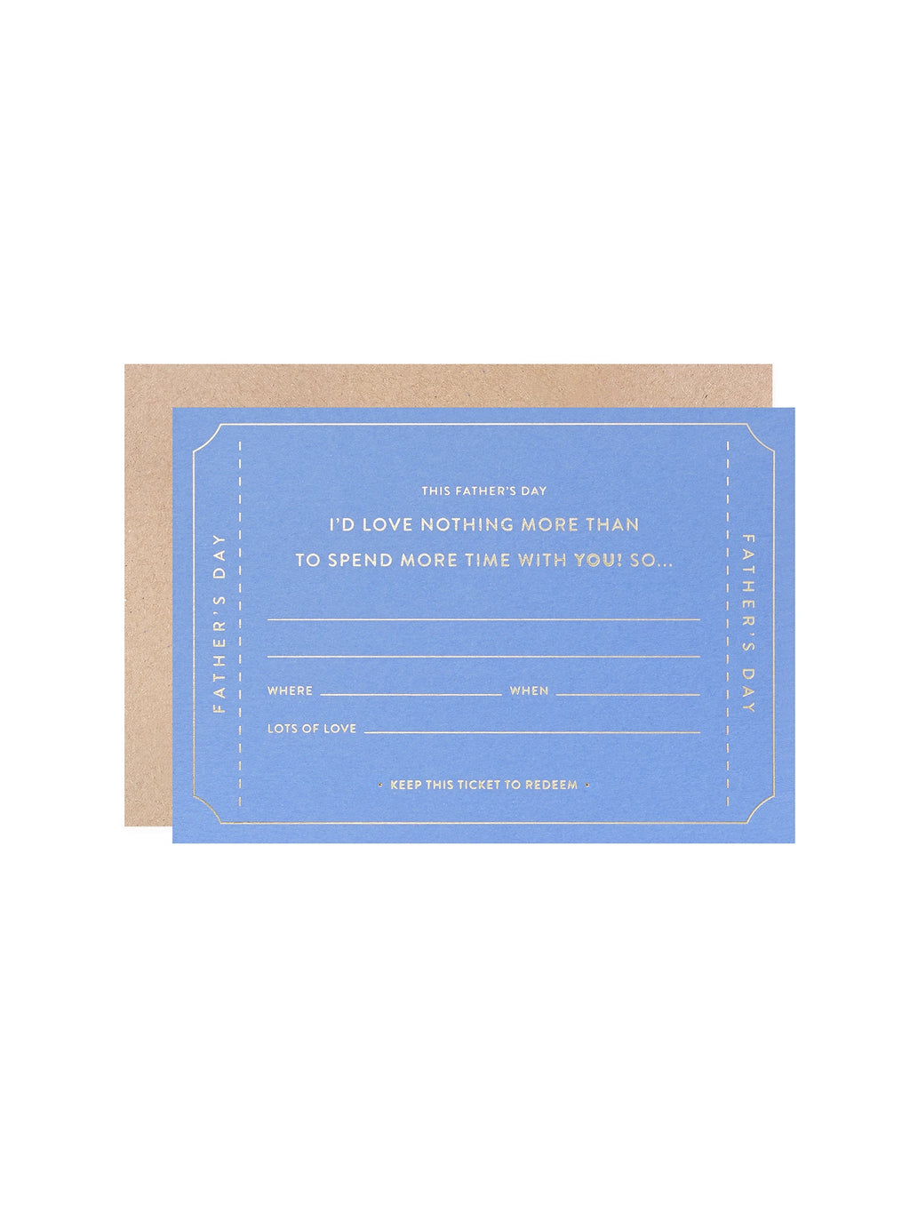 A blue Father's Day Gift Of Time Card with gold Hot foil pressed text, a brown kraft envelope on a white background