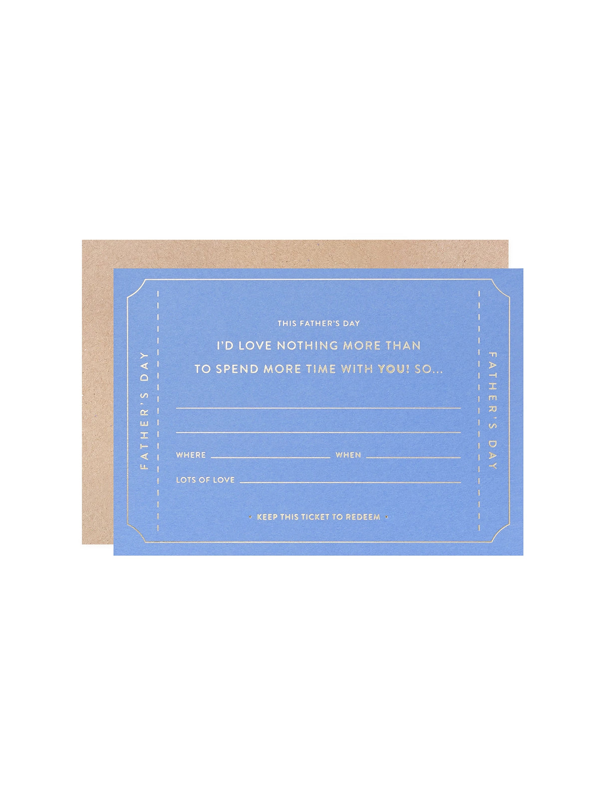 A blue Father's Day Gift Of Time Card with gold Hot foil pressed text, a brown kraft envelope on a white background