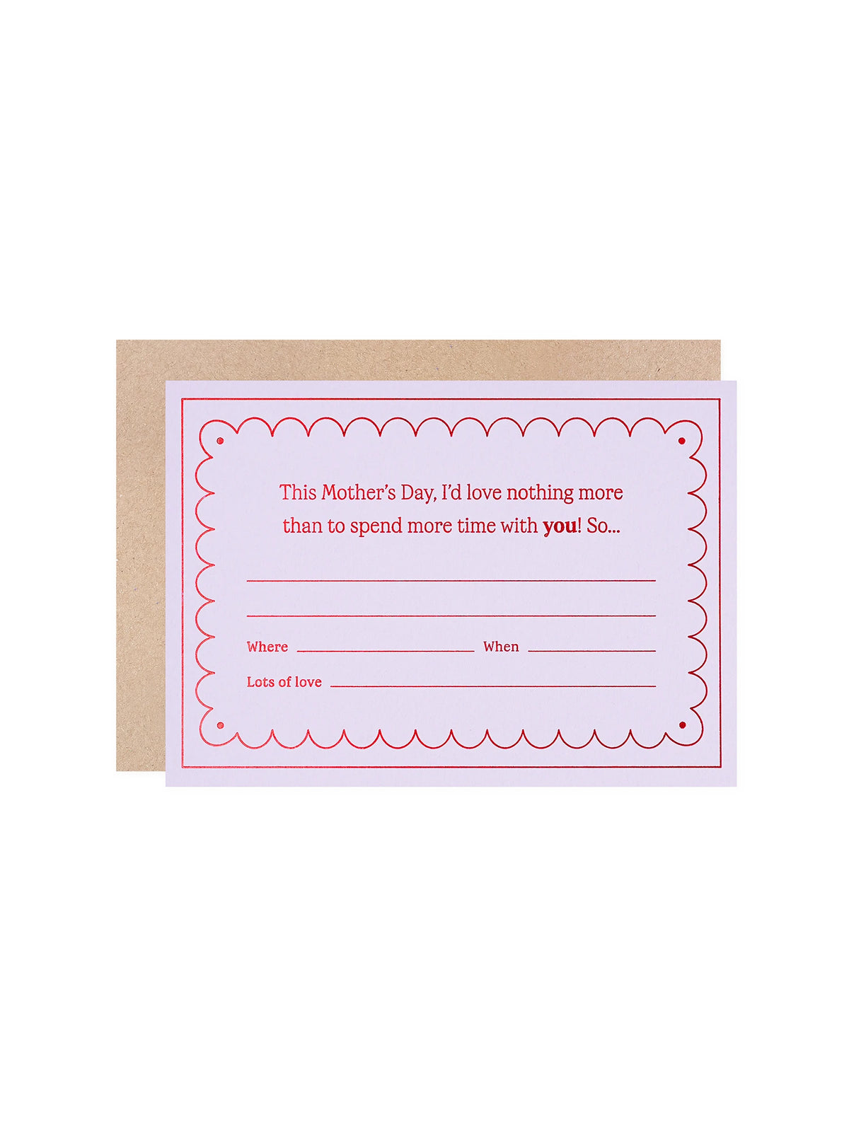 A lavender Mother's Day Gift Of Time Card with red Hot foil pressed text, a brown kraft envelope on a white background
