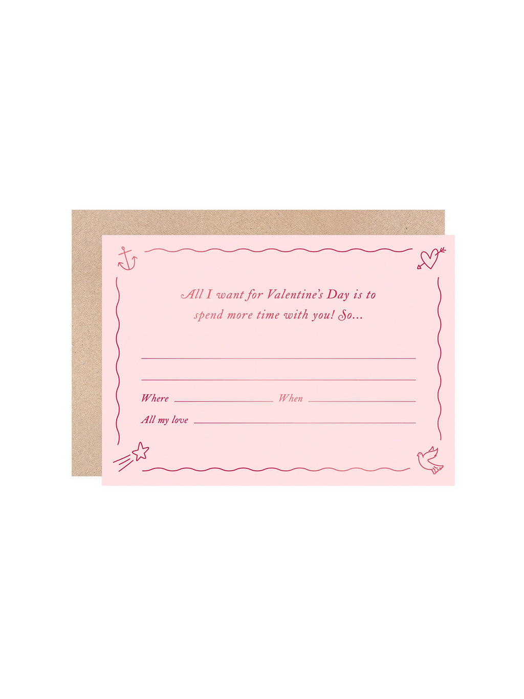 A pink Valentine's Day Gift Of Time Card with red Hot foil presed text, a brown kraft envelope on a white background