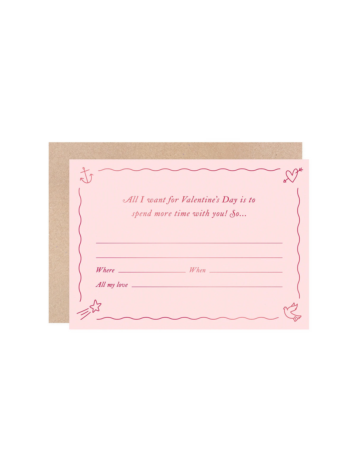 A pink Valentine's Day Gift Of Time Card with red Hot foil presed text, a brown kraft envelope on a white background